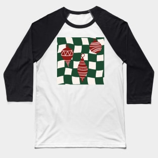 Abstract Checker Board with Christmas Tree Ornaments Cranberry Red and Forest Green Baseball T-Shirt